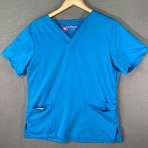 Urbane Scrubs Top, Small, Blue V-Neck,‎ Short Sleeve, Two Pockets, Women's